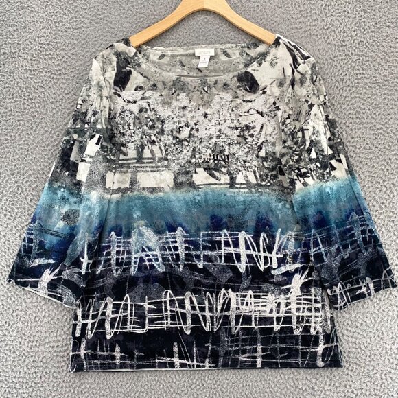 Chicos Top Womens 1 US 8 Blue Abstract Art Velvet 3/4 Sleeves Pullover Stretch - Picture 1 of 9